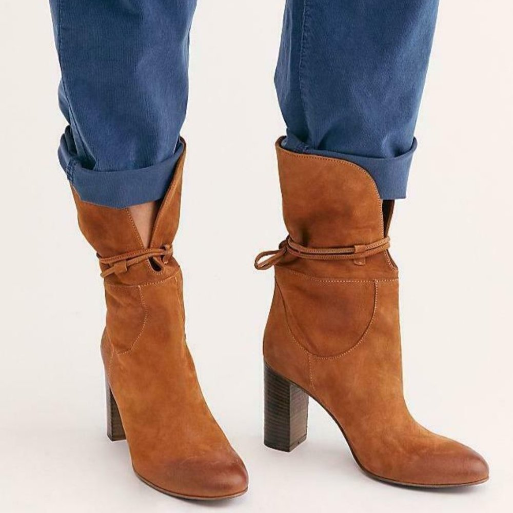 $220 FREE PEOPLE MILA suede HEEL ankle BOOT brown 7.5 38 (TS17)